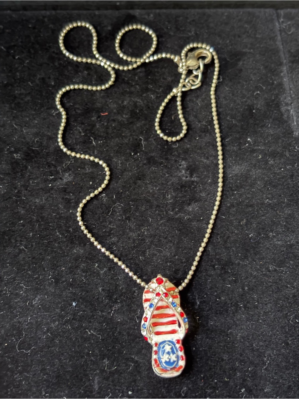 Patriotic Flip-Flop Pendant Necklace - silverTone with Red, White & Blue
